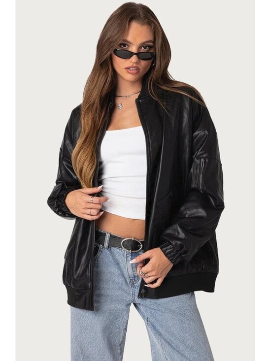 Edikted Jackets & Blazers - EDIKTED Women's Faux Leather Oversized Bomber Jacket Size M In Black